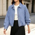 thumbnail image 4 of DISKEBUISS Women's Cropped Gingham Plaid Jacket Lapel Zip & Snap Long Sleeve Short Outerwear for Fall Winter, 4 of 8
