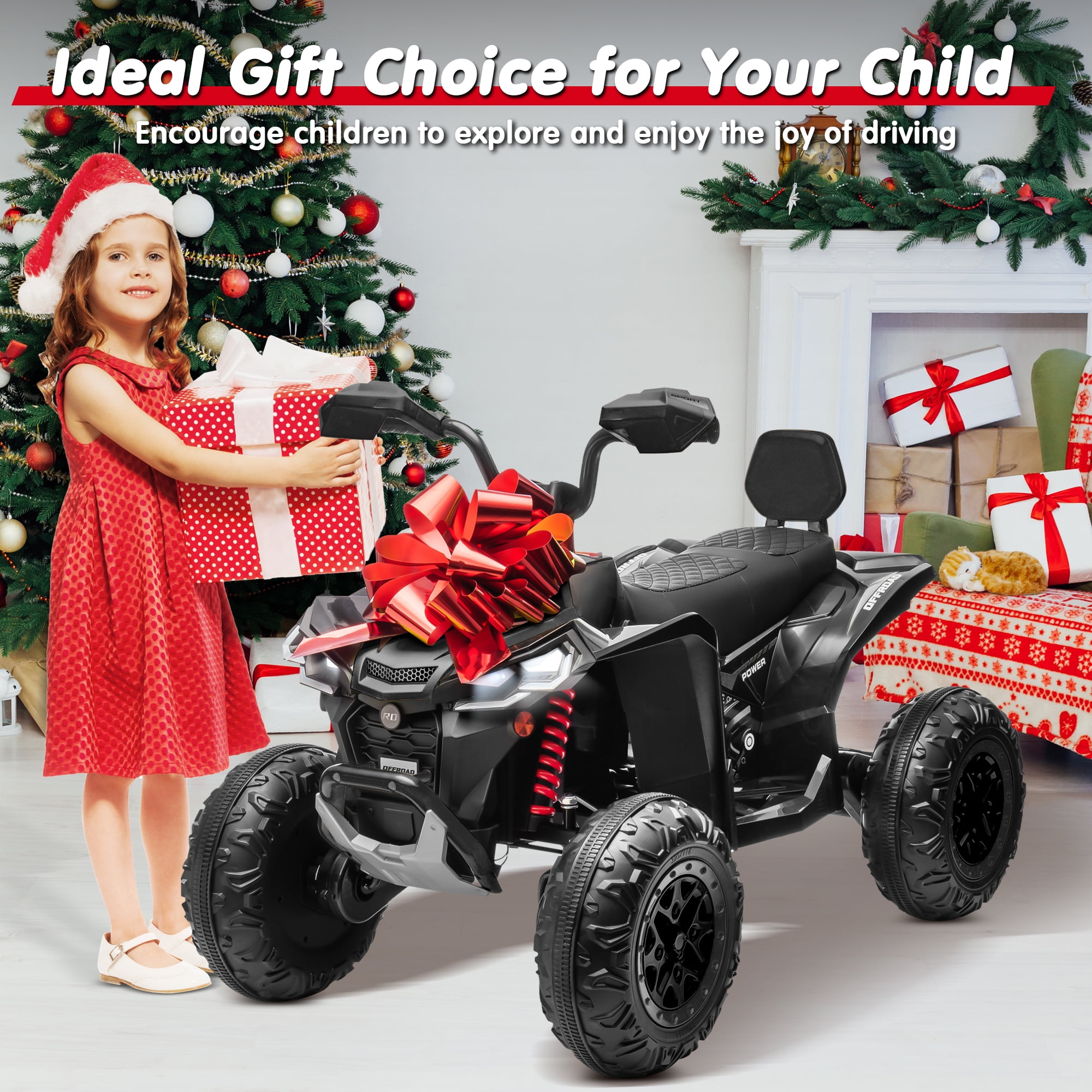 Joyracer 4WD 24V 2 Seaters Kids Ride on Toy, 4×200W Motors, 7AH Battery Powered Electric 4-Wheeler ATV w/ Kneepads, Music, Black