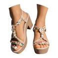 thumbnail image 3 of Womens Platform Sandals Braided T-Strap Slingback Heels Fashion Bohemia Beaded Summer Dress Chunky Heel Pumps Shoes Khaki Size 7, 3 of 9