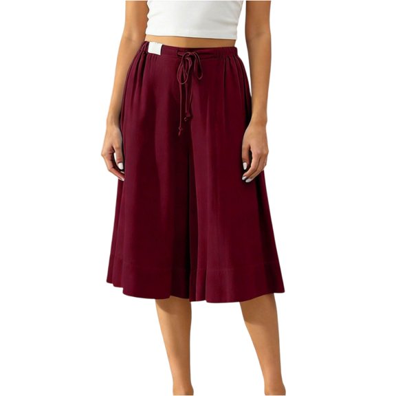 Women's Linen Capri Pants Flowy Wide Leg Drawstring Culottes Summer Pleated Loose Elastic Waist Pants with Pockets, S