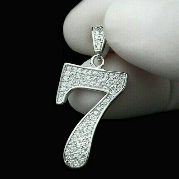 1Ct Round White Diamond Men's Lucky Number 7 Pendant 14K White Gold Plated