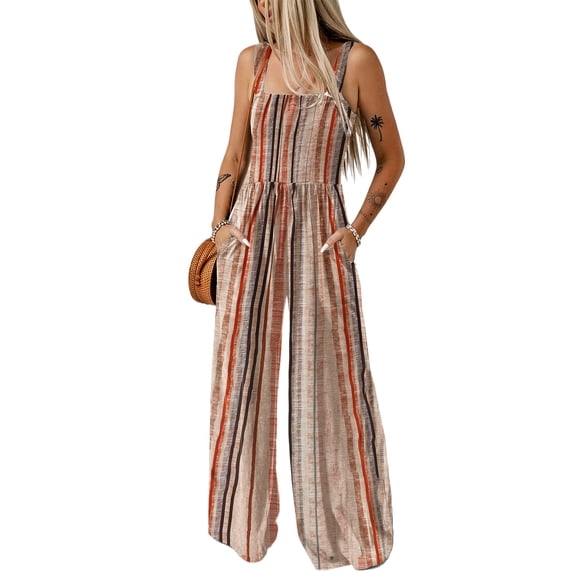 Women's Yellow Striped Jumpsuit – Sleeveless Square Neck Wide Leg Romper, Casual Summer Outfit, XL