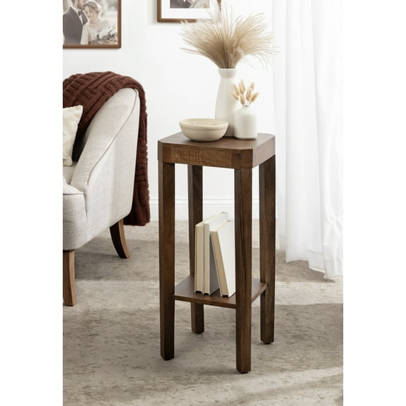 Kate and Laurel Talcott Modern Square Wood Drink Table, 12 x 12 x 28, Walnut Brown, Transitional Decorative Two-Tier Pedestal Table for Use as Plant Stand Indoors or Living Room Accent Table