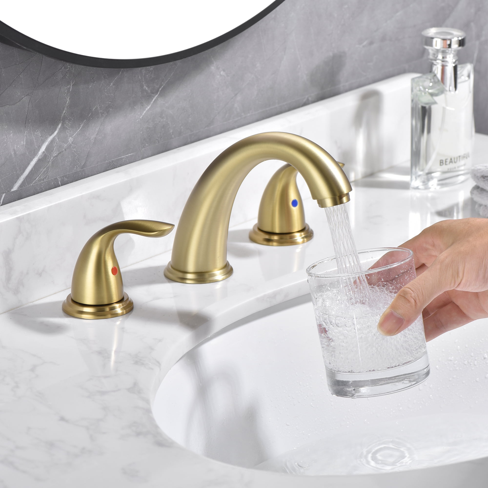 sumerain 8 Inch Bathroom Faucet 3 Hole Lavatory Faucet, Widespread Bathroom Sink Faucet Two Handles，Brushed Gold