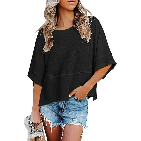 Womens Tops Women's Patchwork Solid Color Round Neck Three-quarter Sleeve Pagoda Sleeve Loose T-shirt
