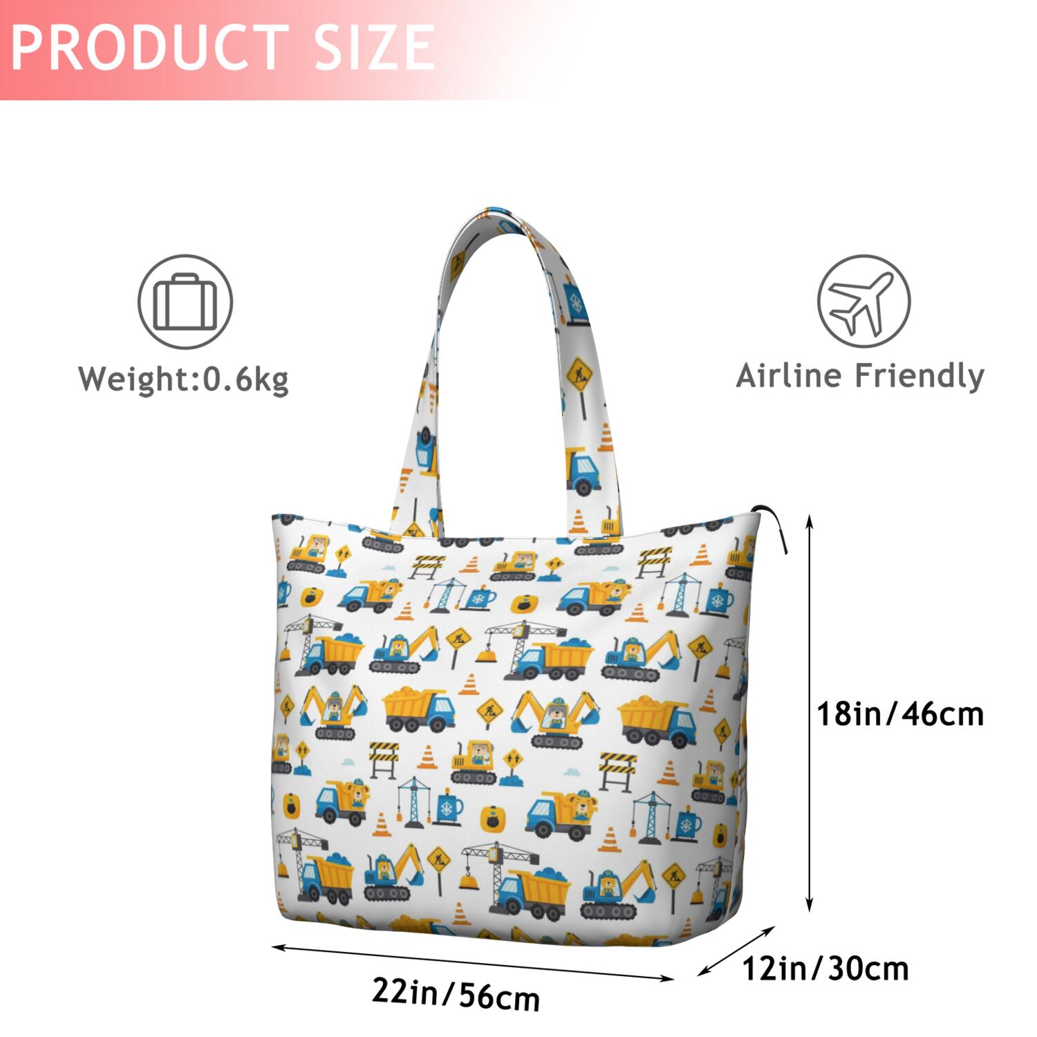 Cartoon Construction Vehicles Safety Signs Travel Tote Bags for Women Carry On,Large Weekender Bags for Women Travel,Multi Functional Duffle Bag for Work,Shopping,Sports