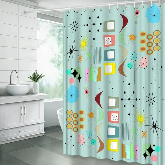 Mid Century Shower Curtain Retro Atomic Abstract Modern Geometric Colorful Vintage 50s 60s Aesthetic Fabric Bathroom Decor Curtain with Hooks 72"W x 72"L (Pack of 1)