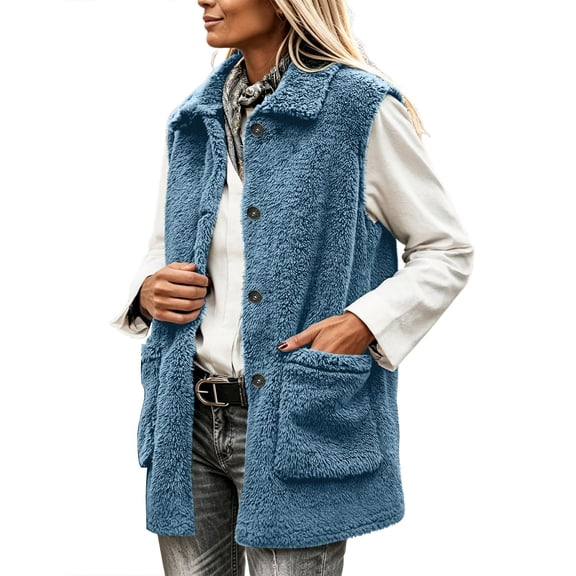 QIYAGBSA Fuzzy Sherpa Fleece Vest for Women Lapel Button Down Sleeveless Oversized Mid Length Fall Winter Warm Coats with Patch Pockets