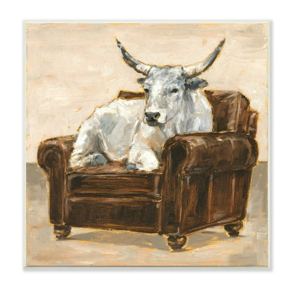 Stupell Industries White Bull Resting in Brown Chair Abstract Painting Unframed Art Print Wall Art, 12x12, by Ethan Harper