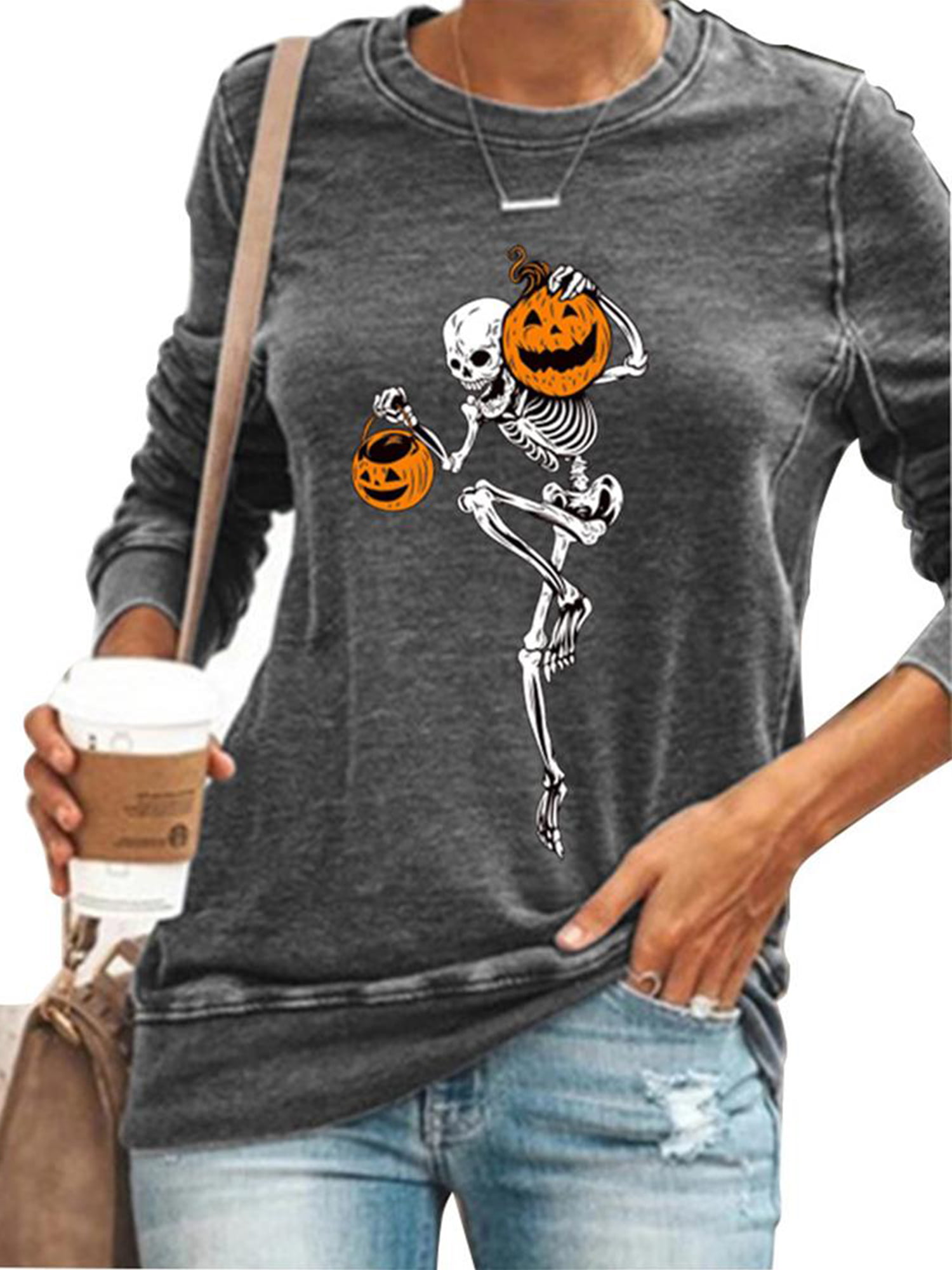 Halloween Long Sleeve Funny Skull Pumpkin Print Pullover Casual Loose Fit Sweatshirt Blouse Plus Size Tops for Women 
