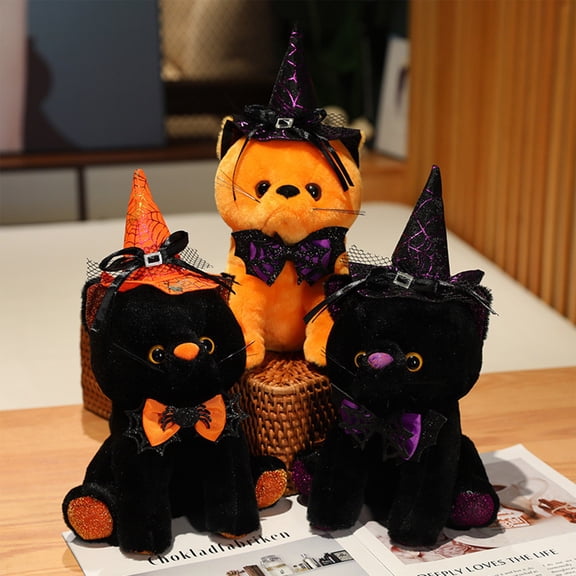 Halloween Orange Cat Stuffed Animal, 11.02 in Witch Kitty Plush, Halloween Indoor Decoration for Table Fireplace, Trick Or Treat Halloween Party Gift (Orange)