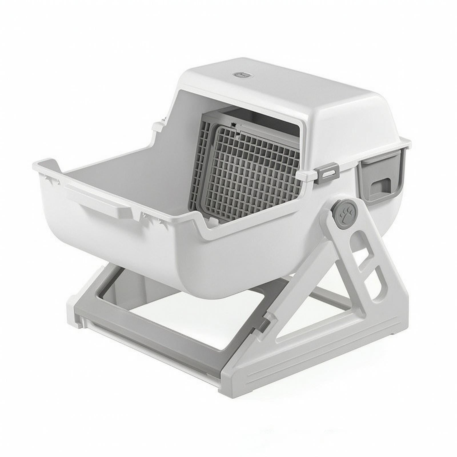 EHJRE Large Semi-Automatic Litter Box Space-Saving Cat Litter Box with Grid Pet Supply White Gray