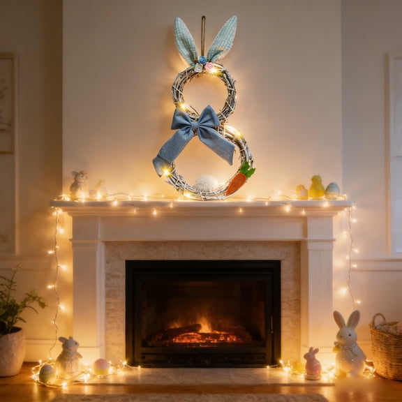 AuroraX Easter Wreath Bunny Wreath with LED Lights,Outdoor Lights Up Lent Decoration Blue
