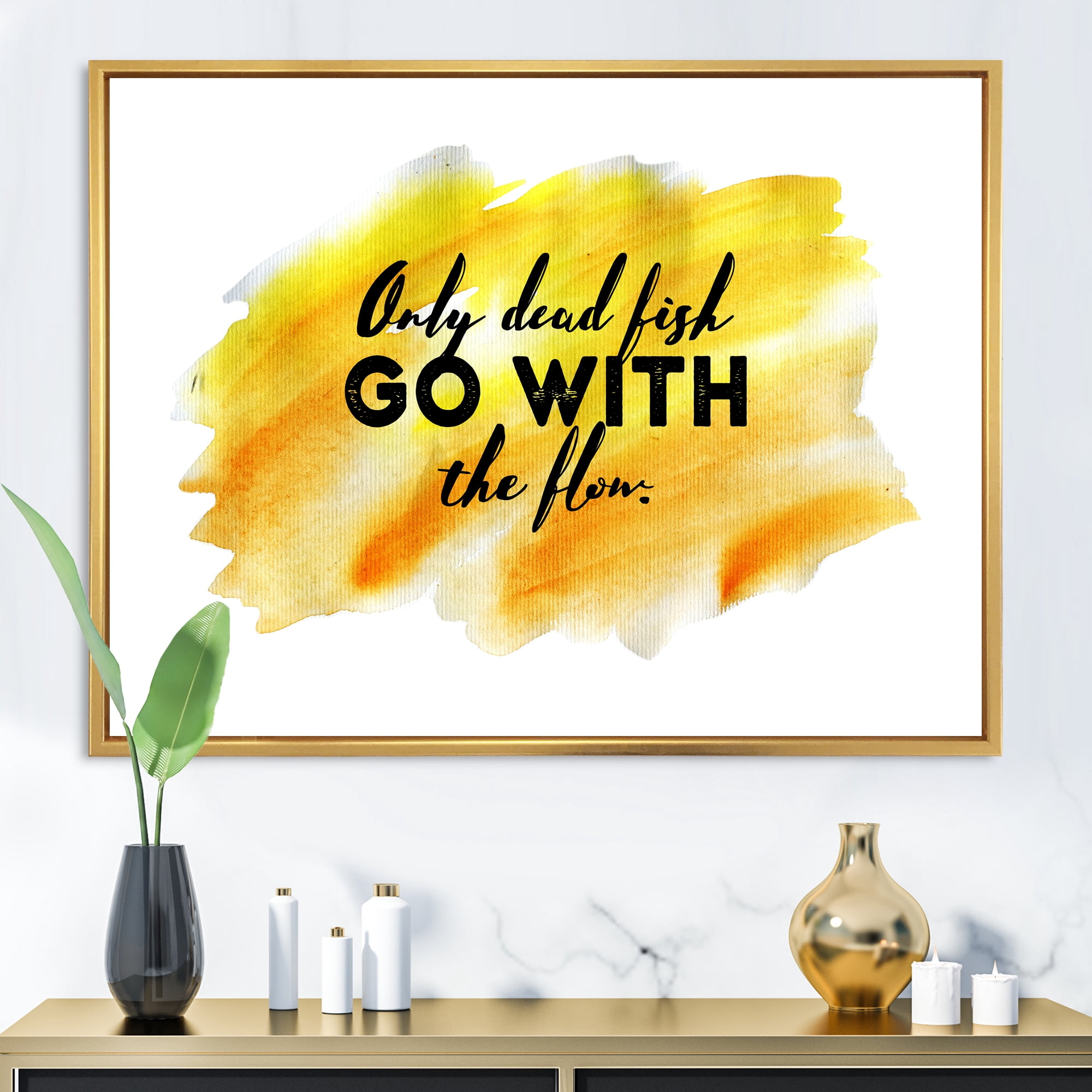 Designart 'Only Dead Fish Go With The Flow On Yellow Strokes' Modern Framed Canvas Wall Art Print