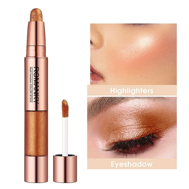 ROMANKY 2-en-1 Juego de sombras de ojos en barra con fórmulas en crema y líquidas, Iluminador a prueba de agua y lápiz de maquillaje para contornos, Cosmético multiusos para rostro y ojos, No se