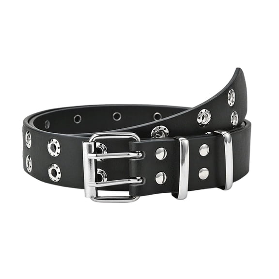 Gothic Belt Rivet Double Needle Buckle PU Belt Men Women Jeans Fashion Punk Rock Waist Belt with Detachable Chain Double Grommet Black Material