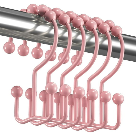 Shower Curtain Hooks Rings, Rust-Resistant Metal Double Glide Shower Hooks for Bathroom Shower Rods Curtains, Set of 12 Hooks - Light Pink