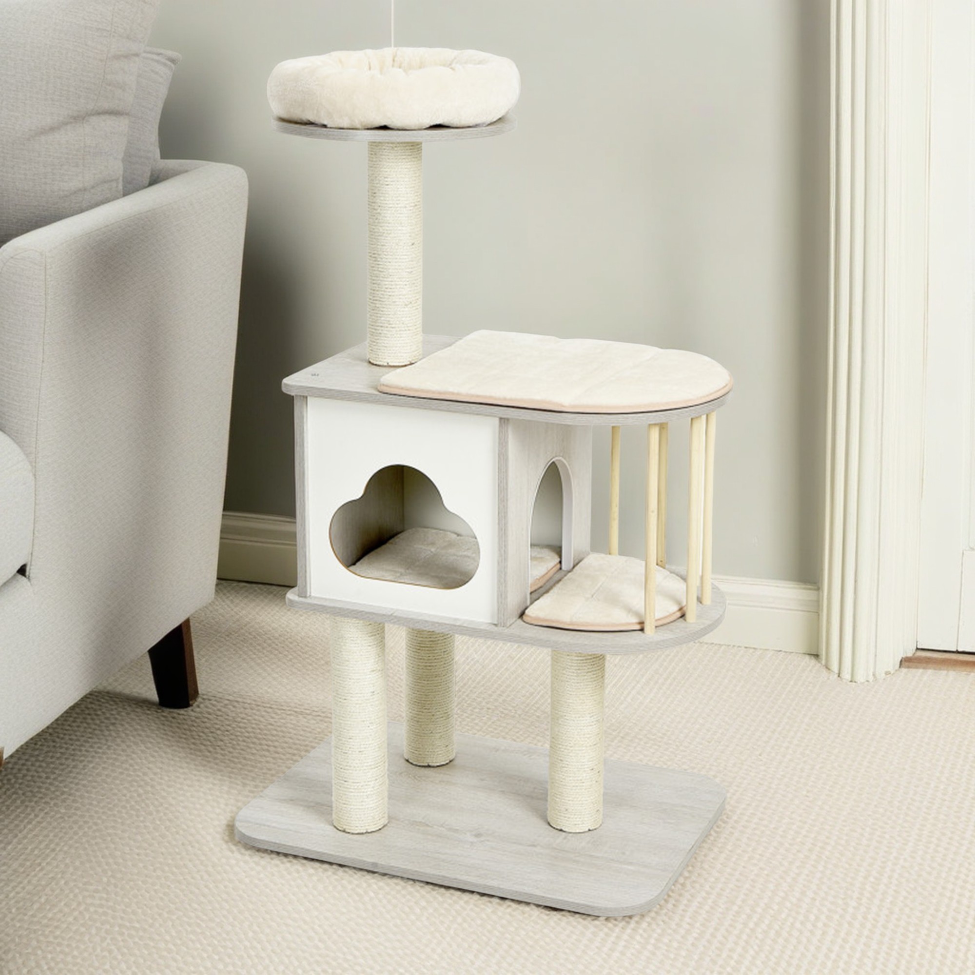 Kadyn 46" Wood Cat Tree Tower Furniture, Cat Condo with Platform, Cushionsfor, Scratch Post for Kittens Cat Tree House, Gray