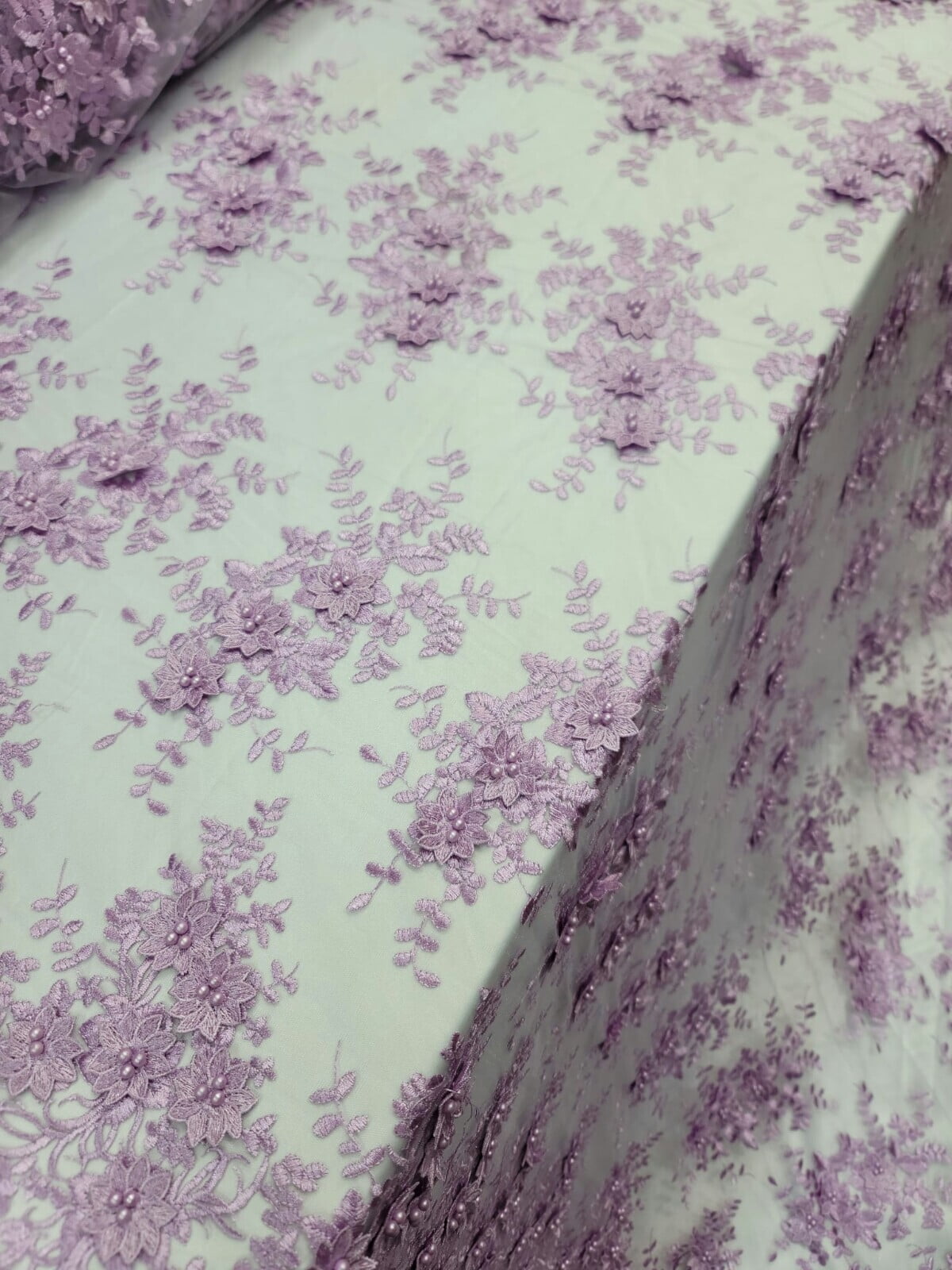 3d Lace Lavender Embroidery Pearls 3d Floral Flowers Fabric By The Yard Prom Lac