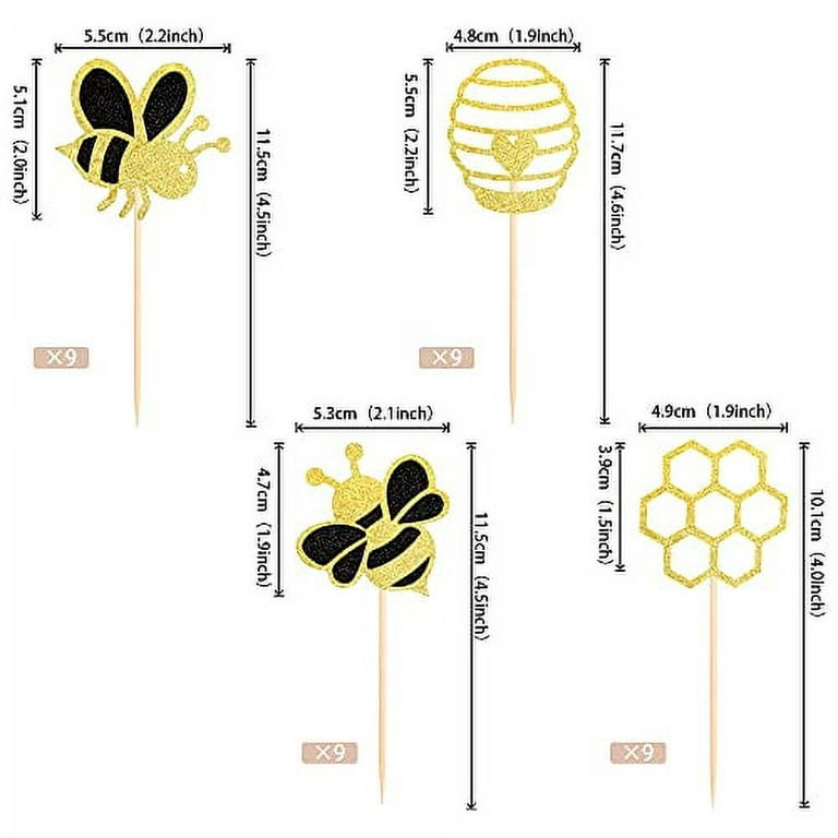 20 Pcs Bee Cake Toppers Glitter Honeycomb Bee Cupcake Toppers Circus Animal Cake Picks Dessert Decorative Toppers, Size: 5.12x2.360.04in, Gold
