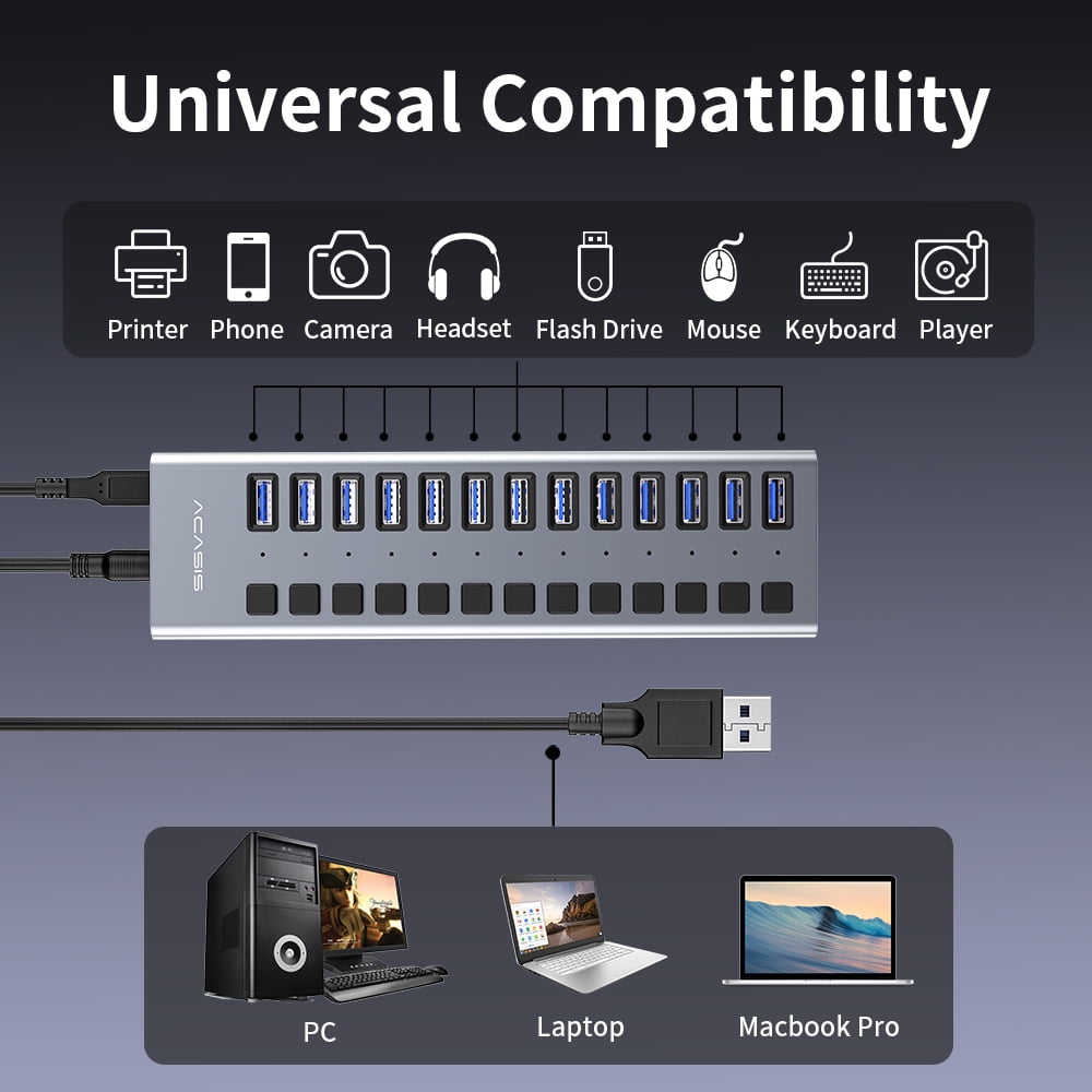 ACASIS 90W 13-Port USB 3.0 Hub with Individual Switches, Aluminum Design