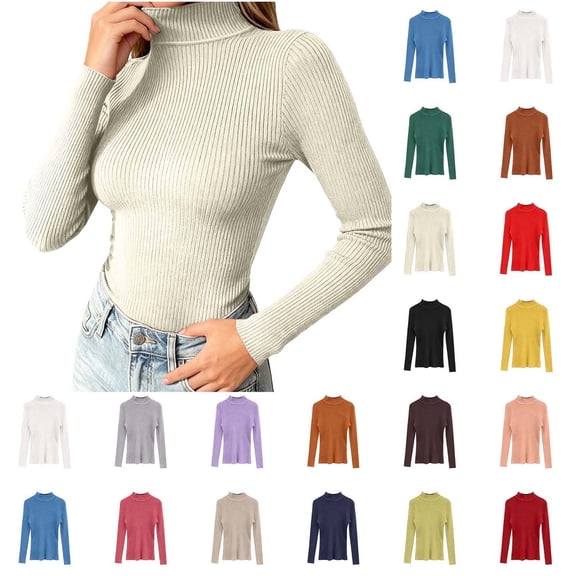 DYTTDG Women's Ribbed Turtleneck Knit Pullover, Solid Long Sleeve Slim Stretchy Soft Base Layer Sweater for Fall Winter Daily Layering