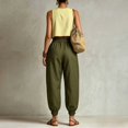 thumbnail image 3 of Morttic Women's Solid Color High Waist Pleated Jogger Pants – Cuffed Ankle Lantern Trousers with Side Pockets Summer Daily Wear Army Green，XL, 3 of 4