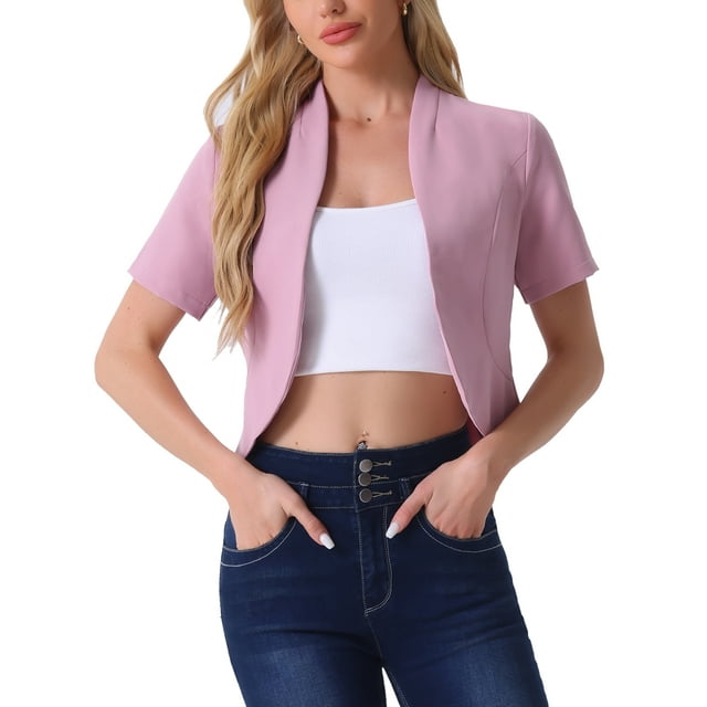 INSPIRE CHIC Women's Work Blazer Shawl Collarless Open Front Cropped Cardigan M Pink