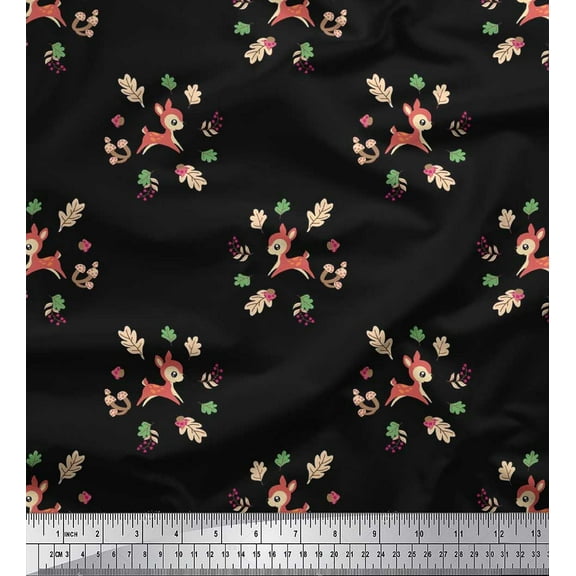 Soimoi Cotton Duck Fabric Leaves,Mushroom & Deer Kids Printed Fabric 1 Yard 42 Inch Wide