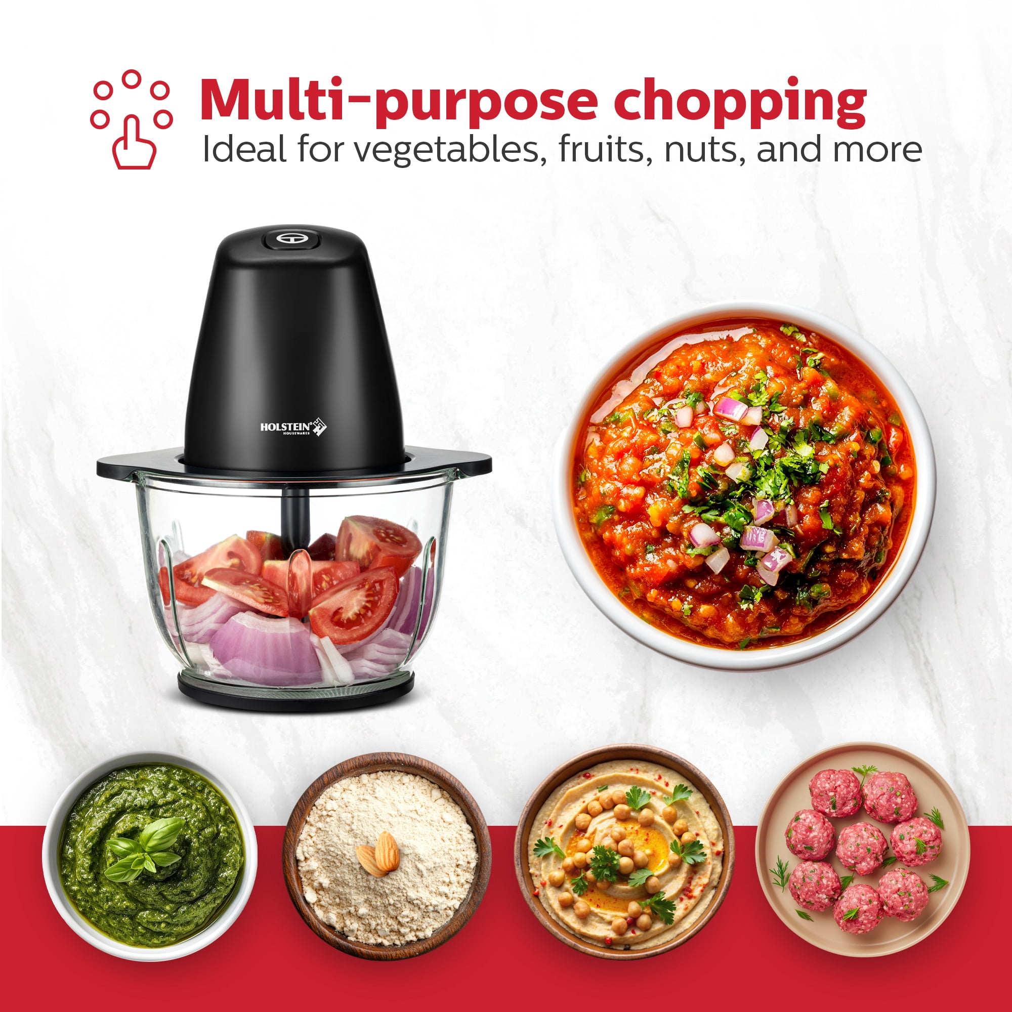 Holstein Housewares Electric Food Chopper – 1.9 QT, 8 Cup, Black, High-Powered Mini Food Processor with Glass Bowl for Chopping, Dicing & Blending, Compact & Easy to Use for Quick Meal Prep 250W