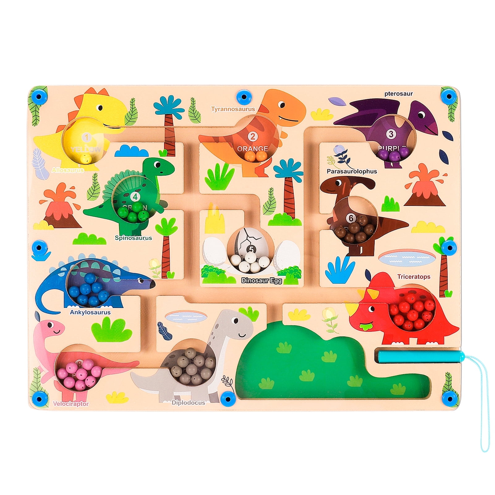 sixwipe Magnetic Color and Number Maze, Counting Matching Learning Puzzle Board, Dinosaur Wooden Magnet Maze Game, Toddler Fine Motor Skills Travel Toys for Boys Girls 3+ Years Old
