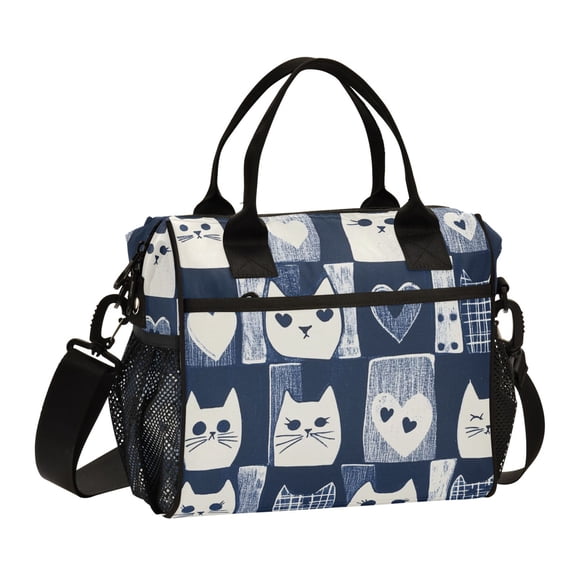 FORMRS Insulated Lunch Bag for Work School Unisex Large Capacity Cooler with Shoulder Strap, Blue Cats and Hearts