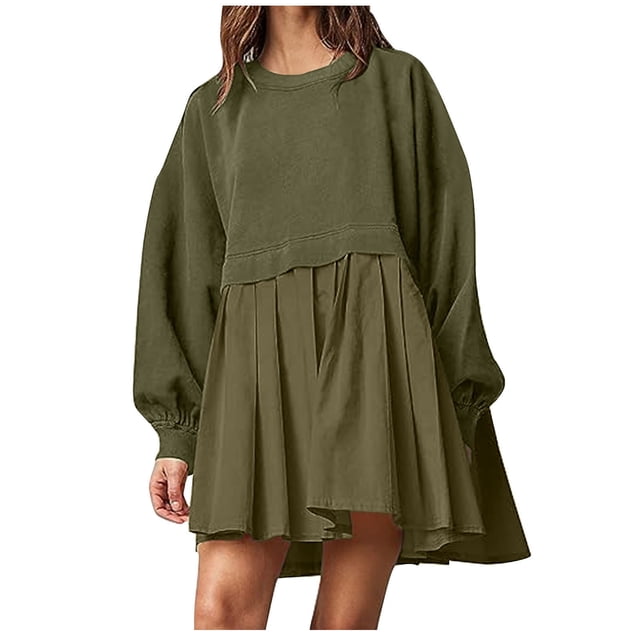 KIHOUT Robe Chandail Mode Décontractée pour Femmes Chandail en Molleton Surdimensionné Robe à Manches Longues Col Rond Robes Mini Patchwork pour Dames