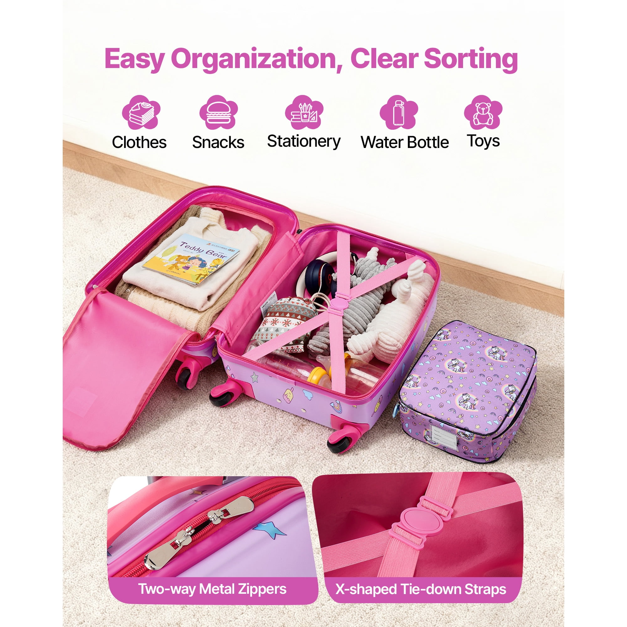 KFFKFF Kids Luggage Set, 5-Piece, 18-Inch Hard Shell Rolling Suitcase with Backpack & U-Shape Pillow, Unicorn-Themed Travel Set for Children, Perfect for Holidays and Birthdays, Airline Friendly