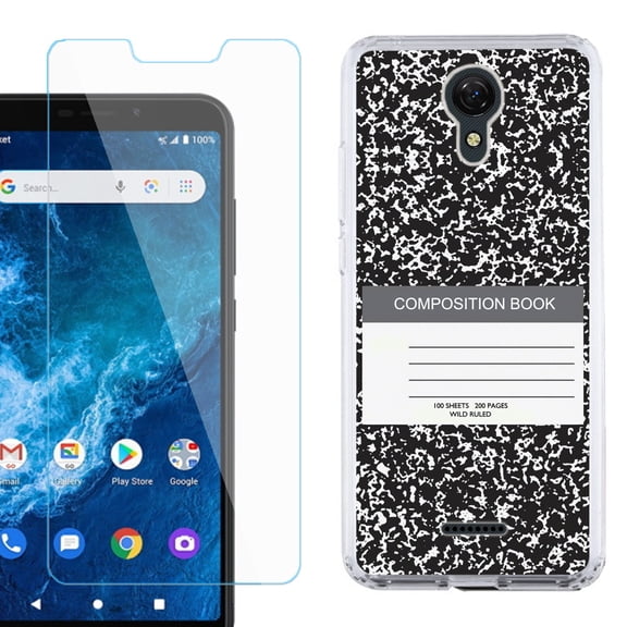 Slim-Fit Protective Phone Case compatible with Cricket Icon 2, with Tempered Glass Screen Protector, by OneToughShield ® - Composition Book