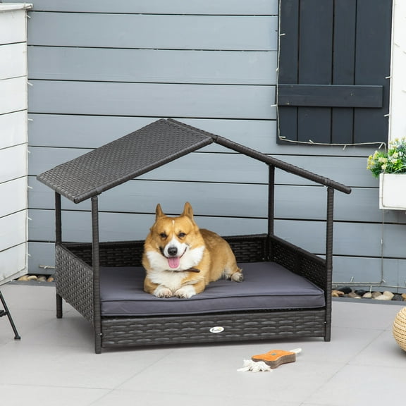 PawHut Wicker Dog House Elevated Raised Rattan Bed for Indoor/Outdoor with Removable Cushion Lounge, Gray