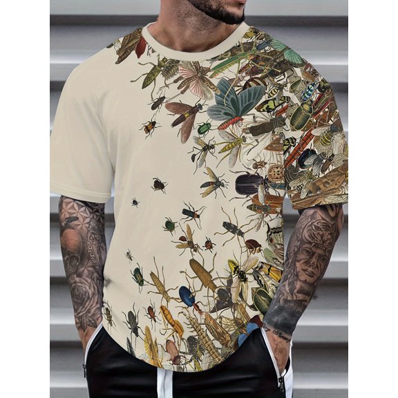Men's Insect Print Short Sleeve Shirt - Bright dragonfly design, lightweight polyester, crew neck, casual style for spring and summer, plus size