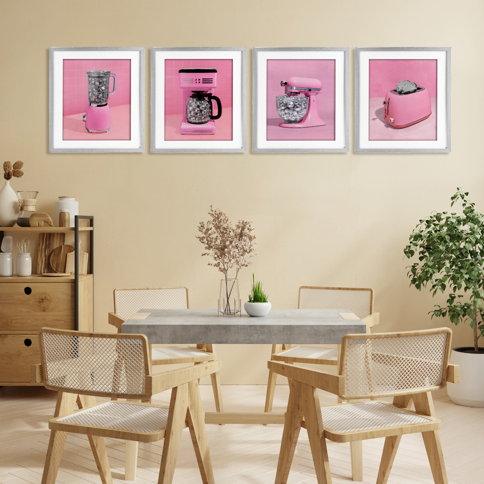 Stupell Industries Disco Drink Blender over Pink 4 Piece Gray Framed Print Under Glass Set, design by LISH Creative