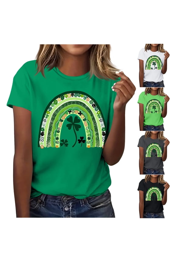 Womens St Patricks Day T Shirts Plus Size Shamrock Graphic Tee Clover Printed Short Sleeve Shirt Casual Crew Neck Tops Mint Green XXL