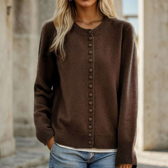 ClodeEU Women's Cardigan Sweater,Long Sleeve Button Down Crew Neck Knit Cardigan,Casual Knit Sweater Coffee,Womens Plus S