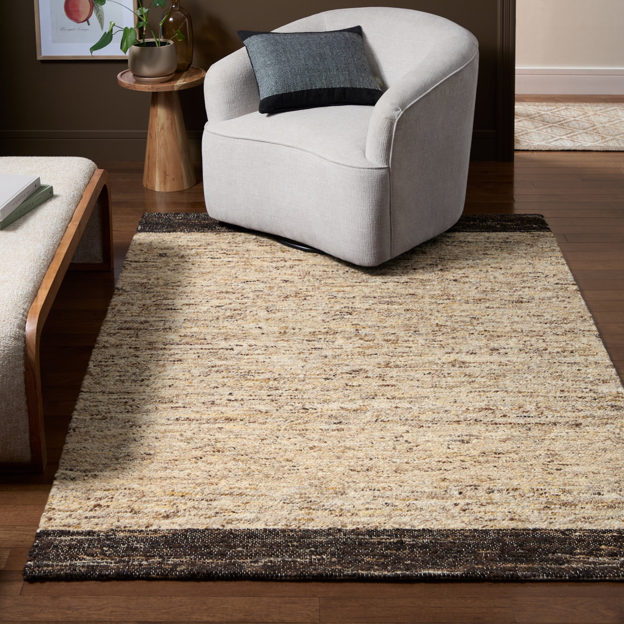 TOWN & COUNTRY TERRA Montana Textured Border Handcrafted 100% Wool Area Rug, Beige/Dark Brown, 6'x9'