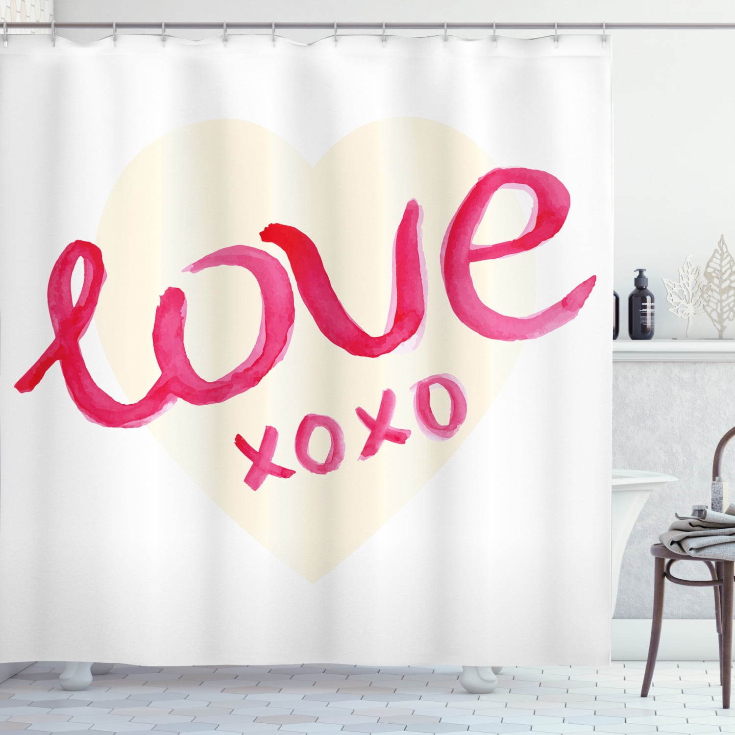 Xo Shower Curtain, Love Typography on a Heart Figure with Kisses Symbol