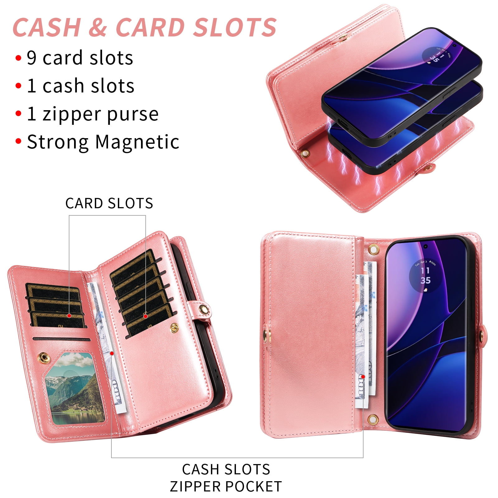 Asuwish Detachable Magnetic Zipper Wallet Phone Case with Flower Pattern and Screen Protector for Motorola Moto Edge 2023/Edge 40, Rose Gold