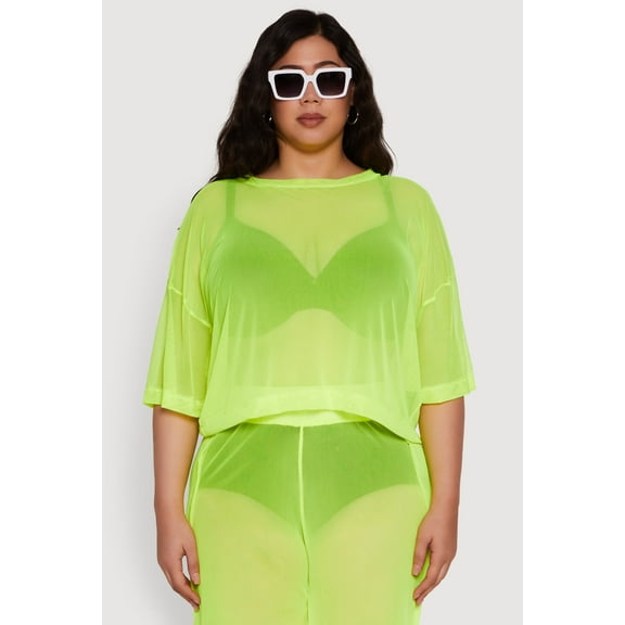 Womens Plus Size Trendy Mesh Crew Neck Short Sleeve Top