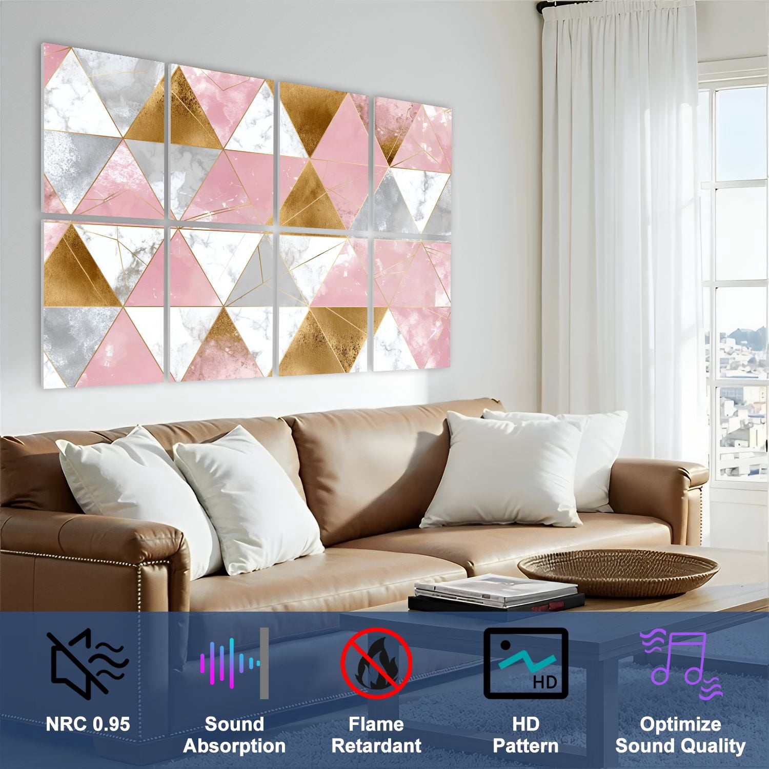 Marble 8 Pack Art Acoustic Panels Sound Absorbing geometric lines rose gold gray pink marble triangles Decorative Soundproof Wall Panels Self Adhesive for Nursery Game Room Bedroom 48"x32"