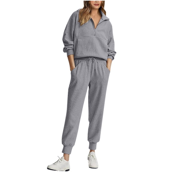 Women's 2 Piece Tracksuit Fall Waffled Outfits Long Sleeve Half Zip Pullover Tops with Jogger Pants Loungewear Sports Set Sweatsuits Gray M