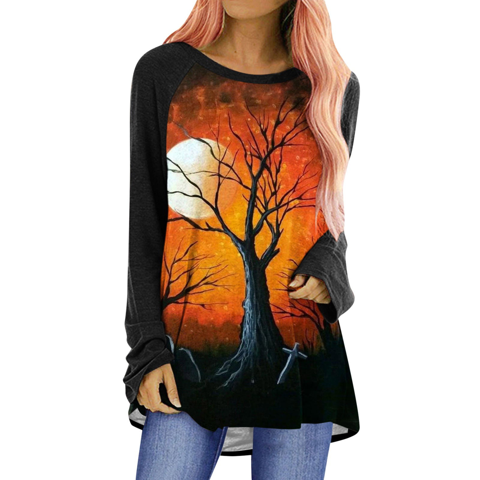 TOTOD Women Tops Halloween Print T-Shirt Casual O-Neck Lace Hollow Out Long Sleeve Irregular Pullover 