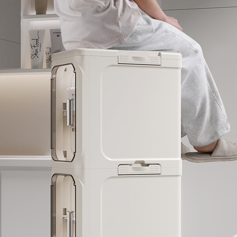 4-Tier Bathroom Storage Cabinet with Wheels, Magnetic Doors, Plastic Slim Bathroom Organizers and Storage for Small Spaces, Kitchen, Cream White