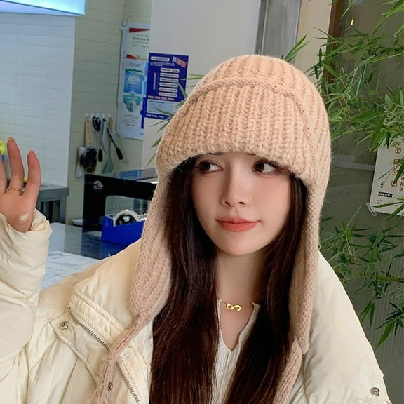 Soft Knitted Beanie Hat for Girls Women Cute Solid Color Ear Protection Winter Hat Outdoor Warm Skull Cap