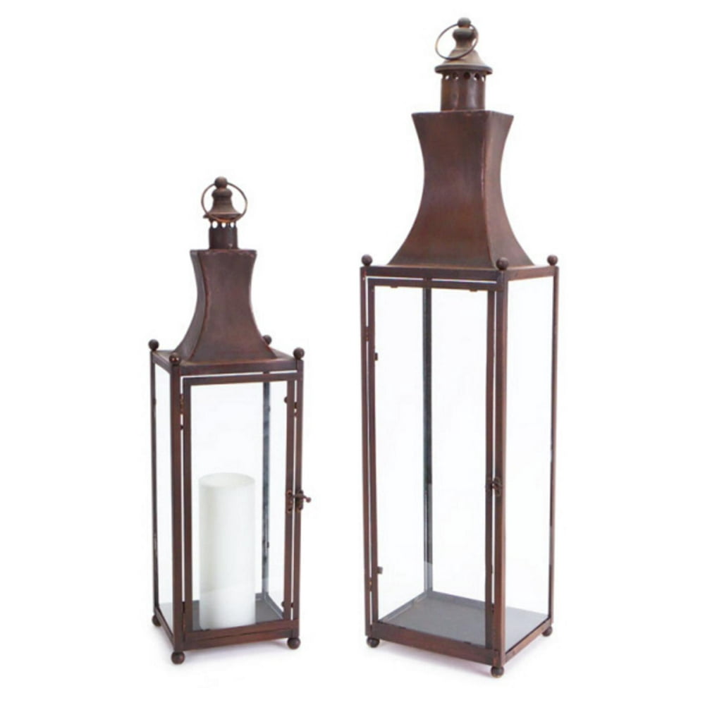 Set of 2 Rich Brown Sleek Architectural Pillar Candle Lanterns 32